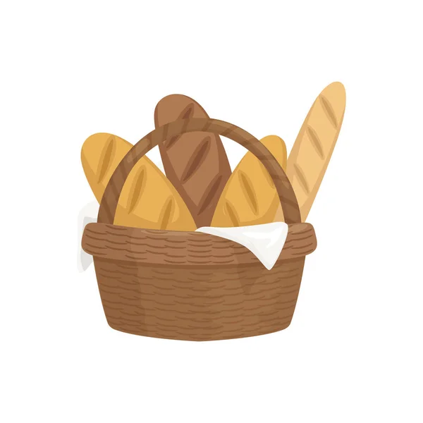Frisches Baguette im Holzkorb, frisch gebackenes Brot Vektor Illustration — Stockvektor