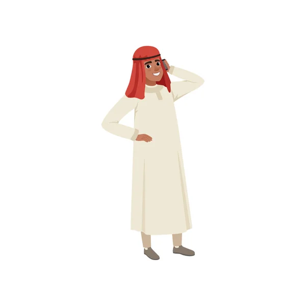 Arabský obchodník postava mluví Forhont, muslimské muže v tradičním oblečení vektorové ilustrace na bílém pozadí — Stockový vektor
