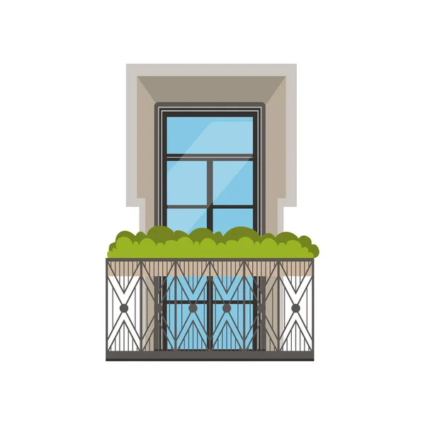 古典阳台与锻铁栏杆和植物向量例证在白色背景上 — 图库矢量图片