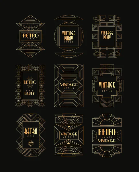 Decorative golden frames in vintage style. Art Deco. Creative geometric templates with place for text. Elegant vector cards for business company, invitation or fashion boutique — Stock Vector