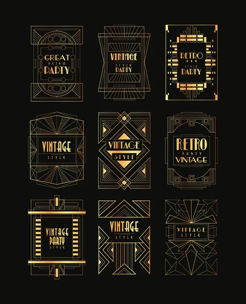 Vintage collection of golden Art Deco frames. Luxury vector emblems for business logo, party invitation card or restaurant insignia. Elegant retro badges in geometric shape — Stock Vector