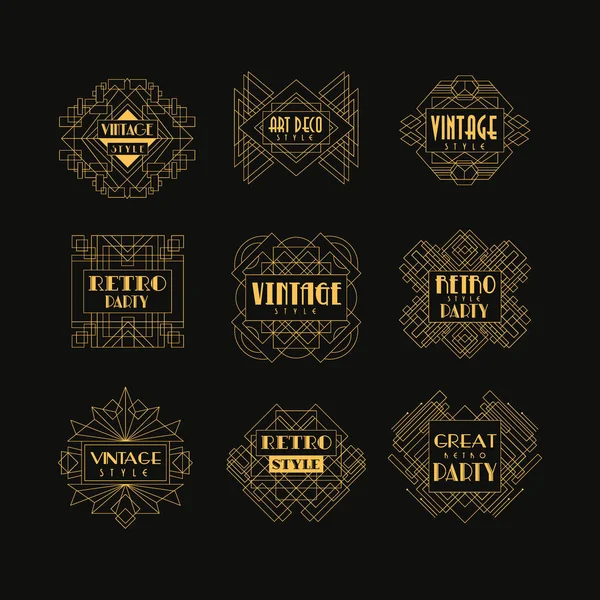 Set of Art Deco badges. Decorative golden frames in vintage style. Luxury linear emblems. Vector design for hotel logo, wedding or party invitation card — Stock Vector