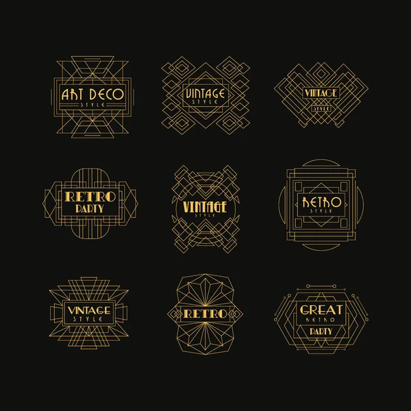 Decorative golden logo set in vintage style. Elegant retro emblems in geometric shape. Linear vector for business card, fashion boutique, party or wedding invitation — Stock Vector