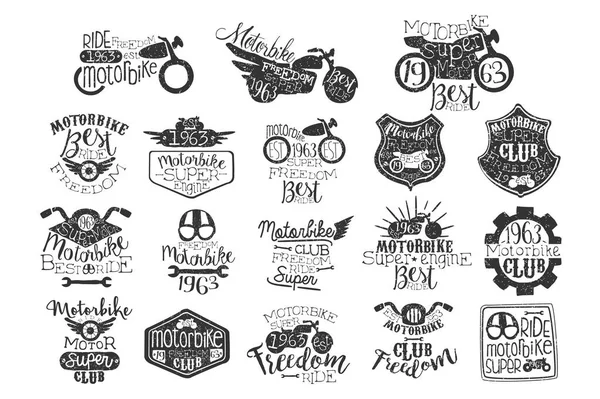 Hand drawn set of motorbike logos or stamps for biker club, repair service or motorcycle parts store. Original lettering. Vector for badge, label or t-shirt print — Stock Vector