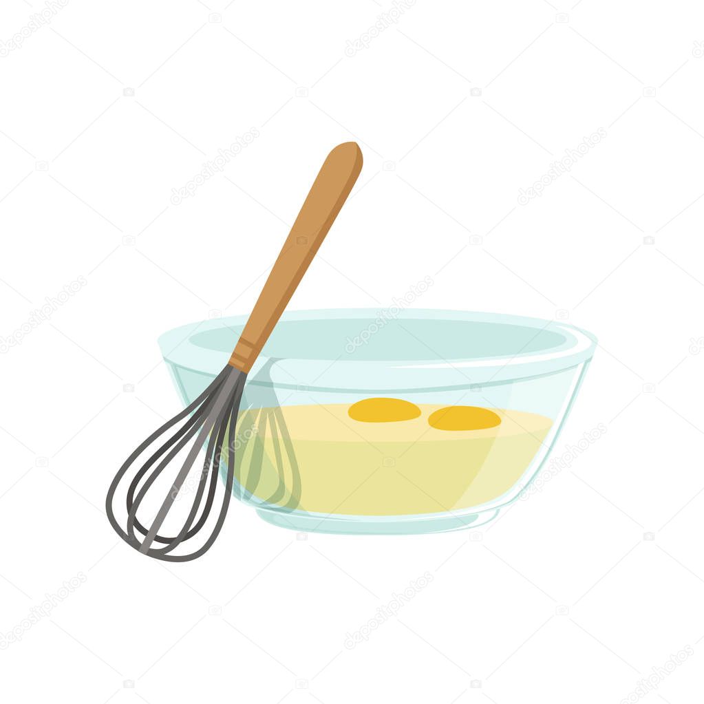Raw eggs in a glass bowl and whisk for whipping vector Illustration