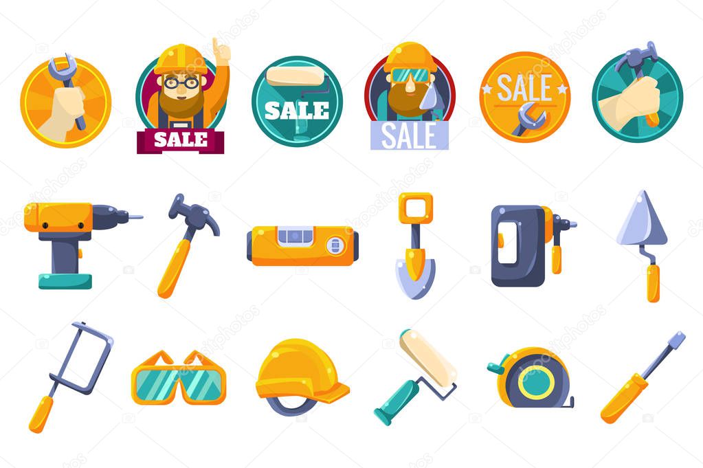 Cartoon icons set with tools for hardware store. Collection of working instruments. Round badges for sale with text and worker in helmet. Colorful flat vector design