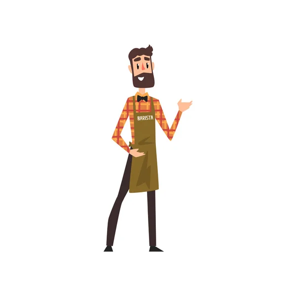 友好的男性咖啡机与围裙与手臂在一个欢迎的姿态, 咖啡店卡通矢量插图白色背景 — 图库矢量图片
