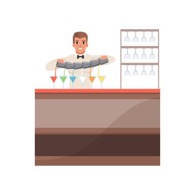 Neşeli barmen dökme alkollü kokteyl bar counter, iş karikatür vektör çizim karakterde barmen