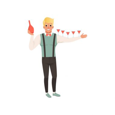 Neşeli barmen dökme alkollü kokteyller, barmen show karikatür vektör çizim üzerinde beyaz bir arka plan