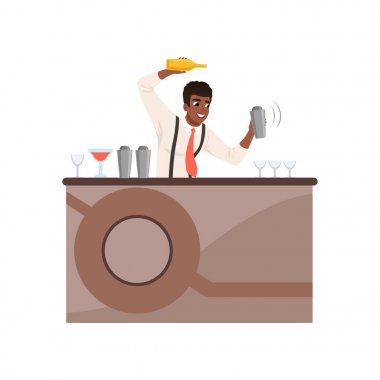 Barmen sallayarak gülümseyen ve alkol kokteyl barda karışımı counter, barmen karakterde iş karikatür vektör çizim beyaz bir arka plan