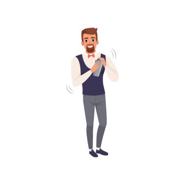 Shaker kokteyl içki karıştırma barmen gülümseyen, iş karikatür karakterde barmen vektör çizim beyaz bir arka plan üzerinde