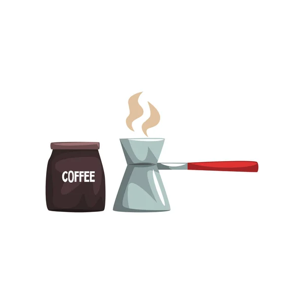 Kaffe bryggt i cezve och paket av kaffe tecknade vektor Illustration på vit bakgrund — Stock vektor