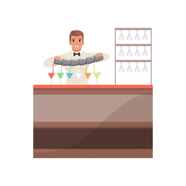 Cantinero alegre verter cócteles alcohólicos en el mostrador del bar, barman personaje en el trabajo vector de dibujos animados Ilustración — Vector de stock