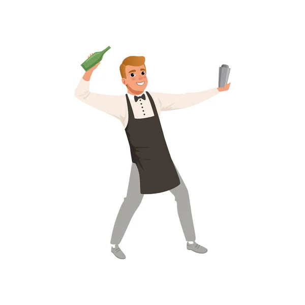 Barman sorrindo misturando uma bebida de coquetel em shaker, personagem barman fazendo bebidas de coquetel vetor de desenhos animados Ilustração em um fundo branco — Vetor de Stock