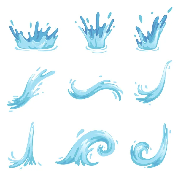 Set di onde blu e spruzzi d'acqua, simboli ondulati della natura in movimento vettoriale Illustrazioni — Vettoriale Stock