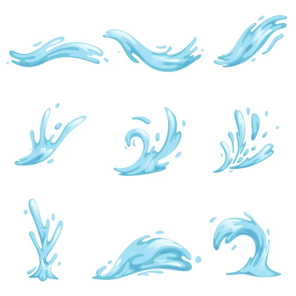 Blauwe golven en water spatten set, golvende symbolen van natuur in beweging vector illustraties — Stockvector