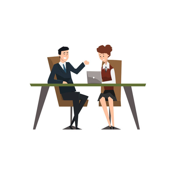 Деловые люди улыбаются и разговаривают за ноутбуком на встрече, коворкинг людей символов вектор Иллюстрация изолированы на белом фоне
