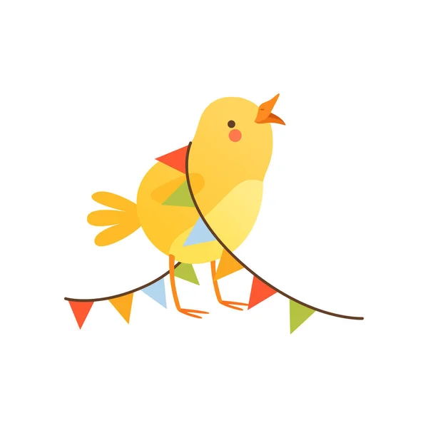 Χαριτωμένο μωρό κοτόπουλο έχουν εμπλακεί σε κόμμα σημαίες, αστεία κινούμενα σχέδια πουλιών χαρακτήρα διανυσματικά εικονογράφηση σε λευκό φόντο — Διανυσματικό Αρχείο