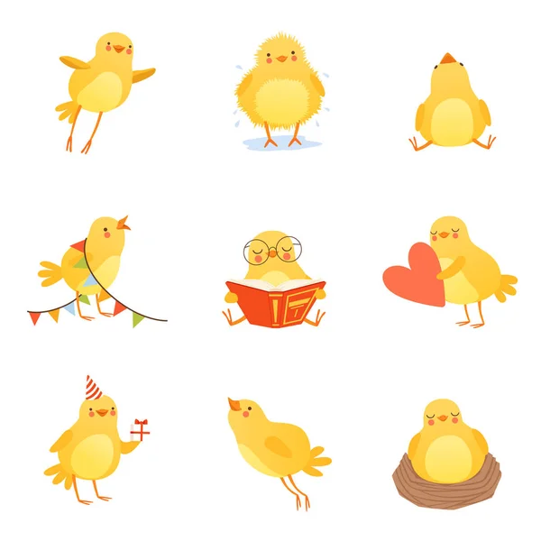 Cute chicken in various situations. Trying to flight up, reading, sleeping in nest, shaking off water, going to birthday party, holding heart, sitting and looking up. Flat vector — Stock Vector