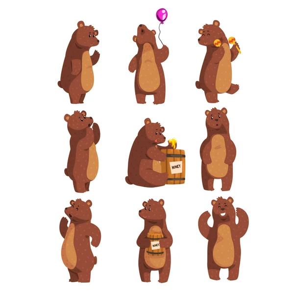 Set with funny bear. Forest animal waving by paw, holding balloon, dancing, howling, calling someone, eating honey from wooden barrel, smiling. Flat vector design Vector Graphics