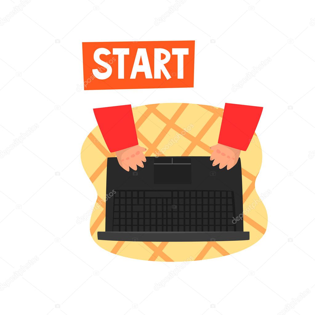 Laptop and hands on the keyboard, ecommerce, business start up project vector Illustration on a white background
