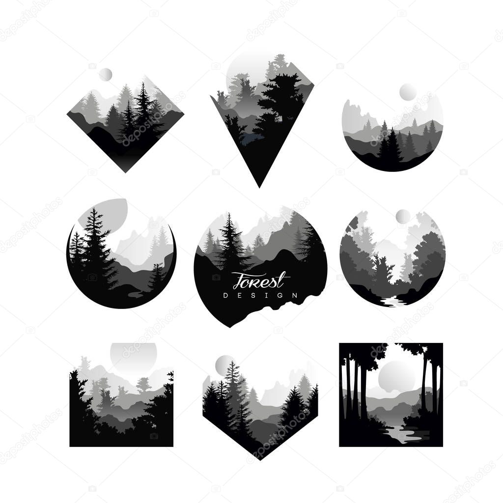 Set of monochrome geometric logos with wild coniferous forests. Natural landscapes with silhouettes of pine or fir trees. Eco or tourist concept. Flat vector illustration isolated on white background.