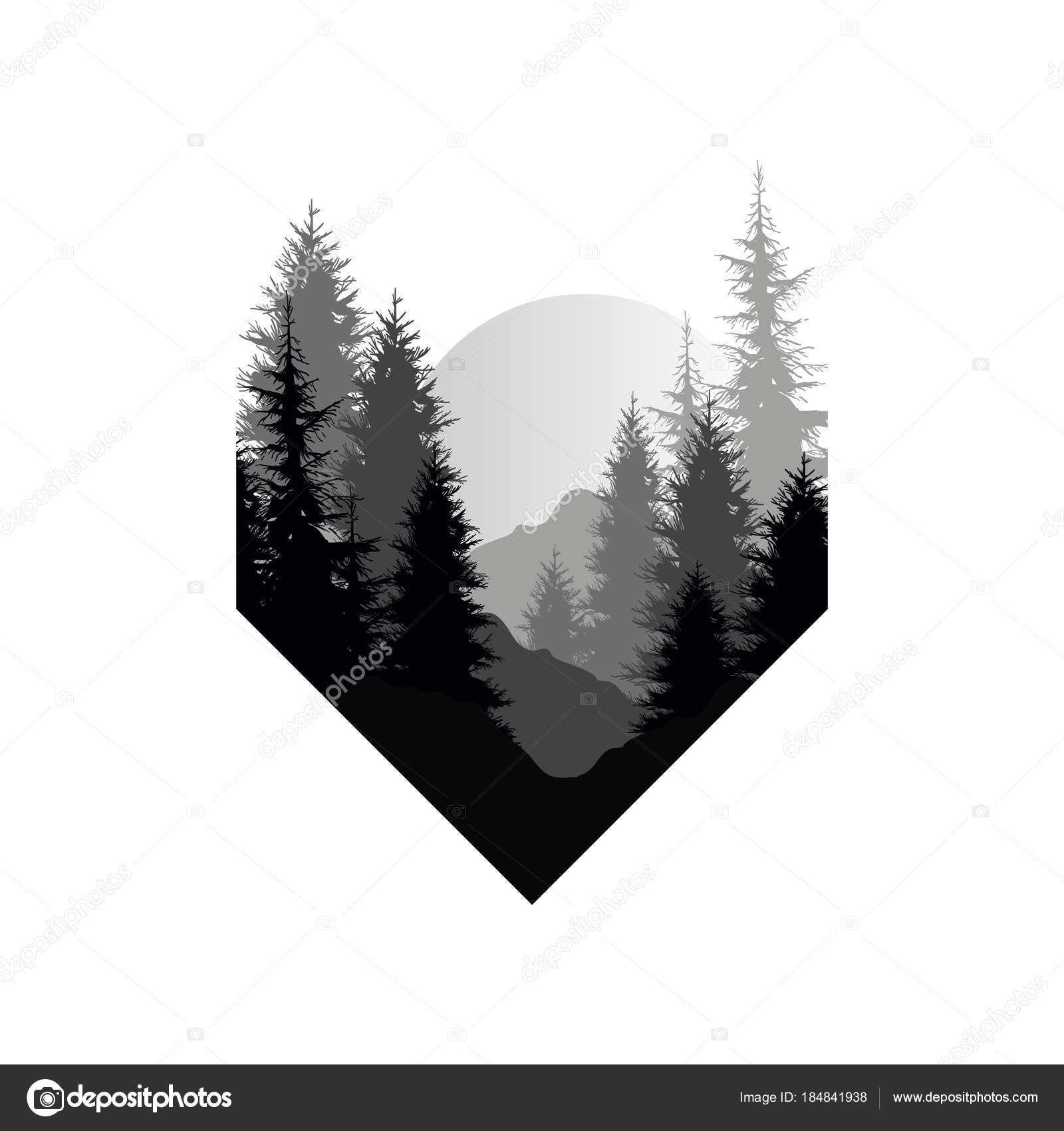 brysomme Regulering finansiere Beautiful nature landscape with silhouettes of trees, mountains, sunset of  big sun, natural scene icon in geometric shape design, vector illustration  in black and white colors Stock Vector Image by ©TopVectors #184841938