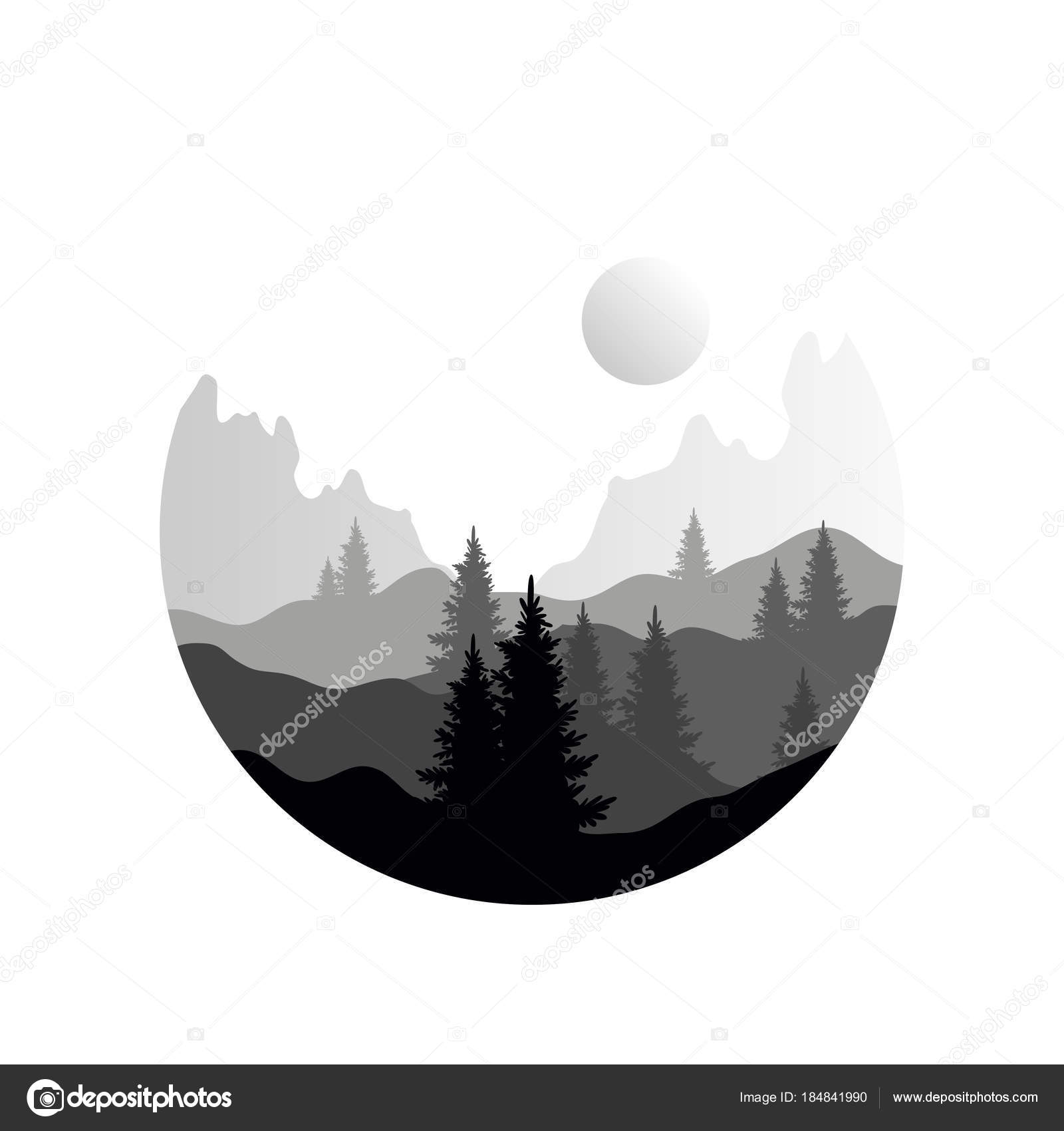 Drik Frosset I udlandet Beautiful nature landscape with silhouettes of coniferous trees and  mountains, natural scene icon in geometric round shaped design, vector  illustration in black and white colors Stock Vector Image by ©TopVectors  #184841990
