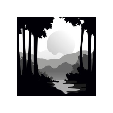 Güzel doğa manzara orman ağaçları, nehir ve büyük güneş, doğal sahne simgesi geometrik kare şekilli tasarım, vektör çizim siyah ve beyaz renklerde günbatımı siluetleri ile