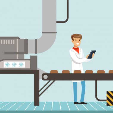  hocolate fabrika üretim hattı, erkek denetleyicisi holding Pano ve üretim süreci kontrol illüstrasyon vektör