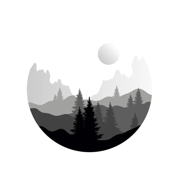 Hermoso paisaje natural con siluetas de árboles de coníferas y montañas, icono de escena natural en diseño geométrico de forma redonda, ilustración vectorial en colores blanco y negro — Vector de stock