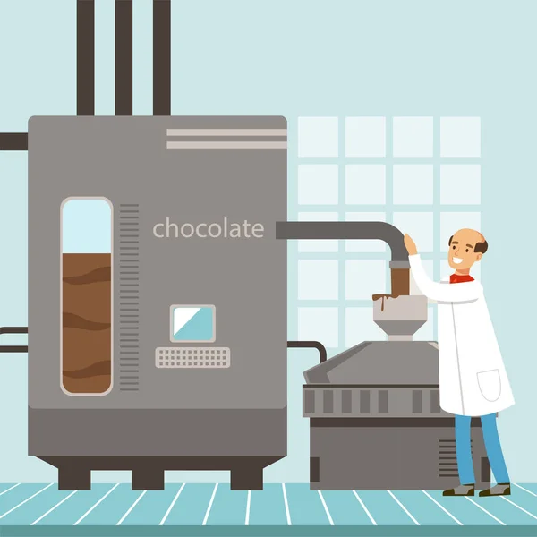 생산 과정 벡터 일러스트 레이 션을 제어 하는 초콜릿, 과자 장 수의 생산을 위한 기계 — 스톡 벡터