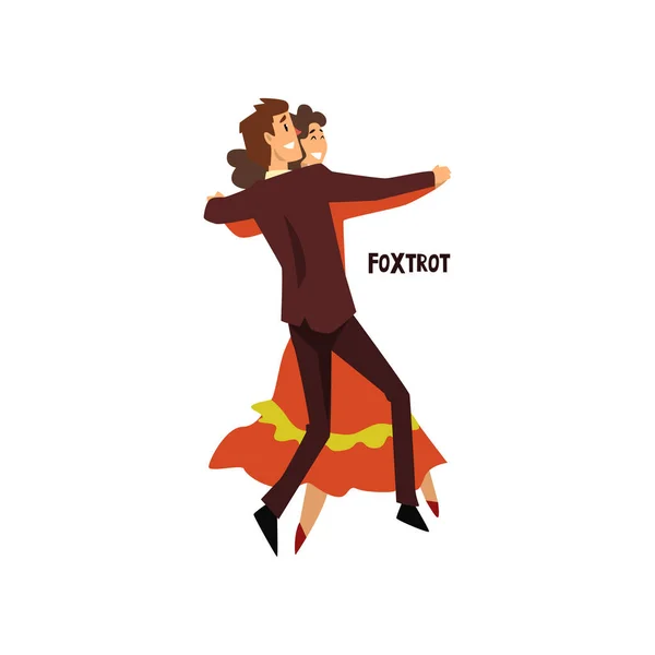 Bailarina profesional pareja bailando foxtrot, pareja de hombres y mujeres jóvenes vestidos con ropa elegante realizando danza vector Ilustración sobre un fondo blanco — Archivo Imágenes Vectoriales