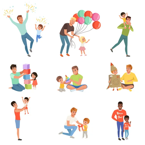Padres jugando y disfrutando de tiempo de buena calidad con su conjunto de niños pequeños felices, vector concepto paternidad Ilustraciones sobre un fondo blanco — Vector de stock