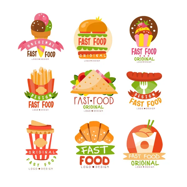 Conjunto de logos de comida rápida, hamburguesa, cupcake, pizza, papas fritas, croissant, salchicha, sándwich, helado vector cono Ilustraciones — Vector de stock