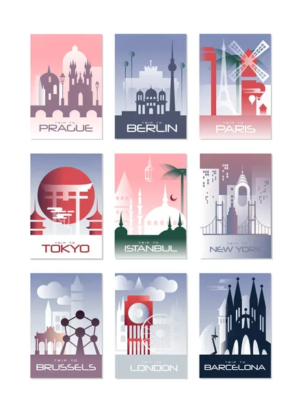 City cards set, landscape template of flyer, poster, book cover, banner, Berlin, Paris, Tokyo, Istanbul, Brussels, New York, London, Barcelona vector illustrations — Stock Vector