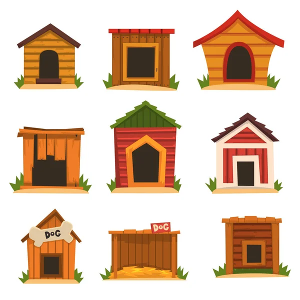 Houten hond huis set, honden kennel cartoon vector illustraties — Stockvector