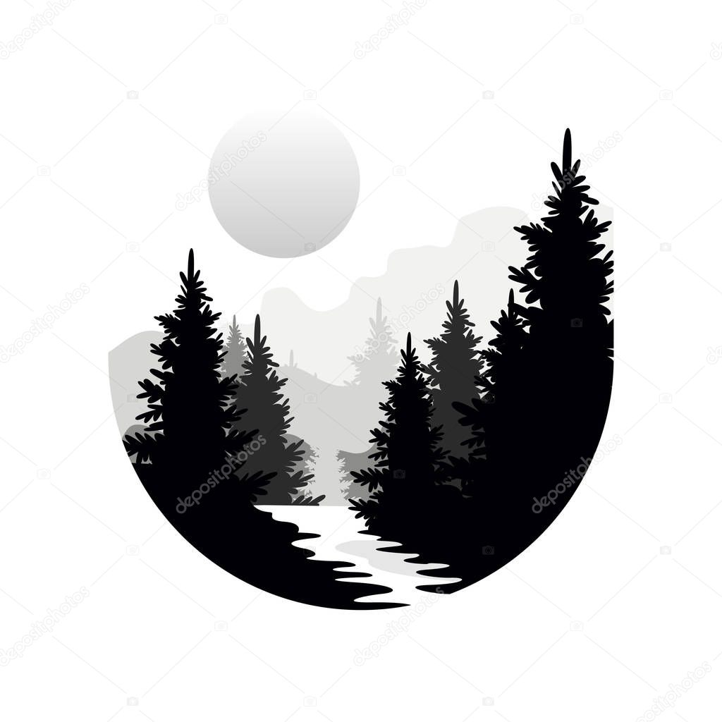 Beautiful nature landscape with silhouettes of forest coniferous trees, mountains and sun, natural scene icon in geometric round shaped design, vector illustration in black and white colors, flat