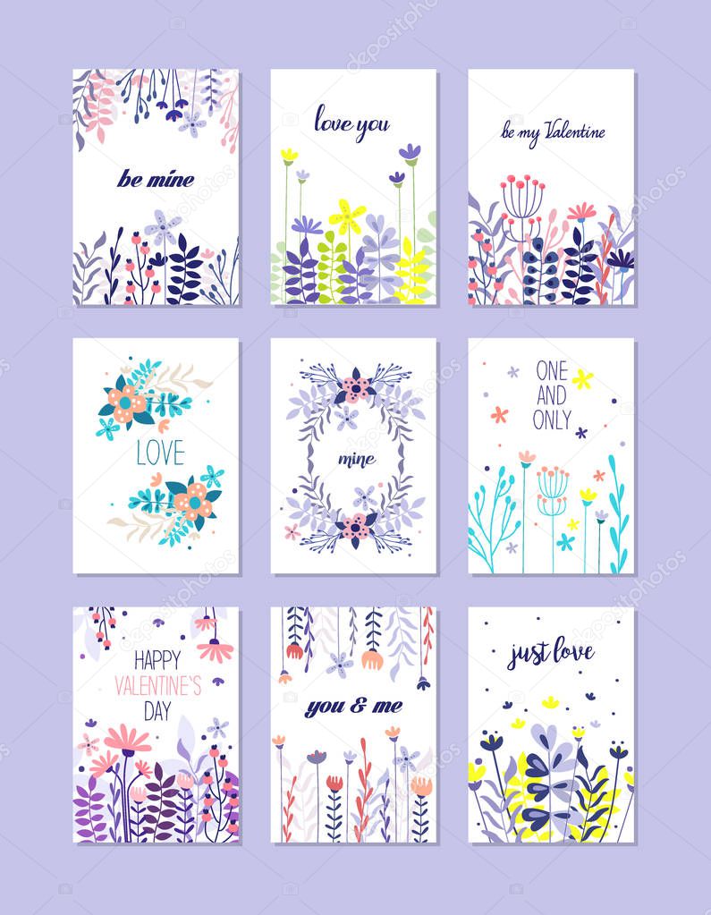 Romantic greeting cards set, trendy cards for valentines day, birthday, anniversary, invitation hand drawn vector Illustrations, design element for banner or poste