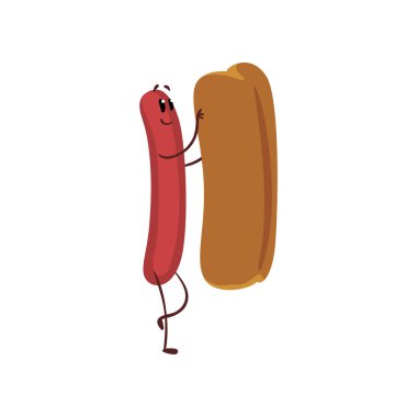 Sausage and bun, humanized hot dog character vector Illustration clipart