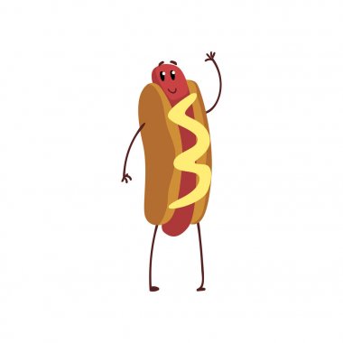Komik hotdog insanlaşmış lokanta karakter hardal vektör çizim ile onun el sallayarak
