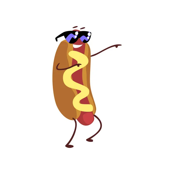 Zabawny hotdog noszenie okularów przeciwsłonecznych, posiadające charakter zabawy, humanizowane fast food z musztarda wektor ilustracja — Wektor stockowy