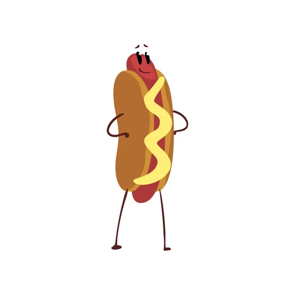 Hotdog śmieszne stojąc z rękami na jej talii, humanizowane fast food znaków z musztarda wektor ilustracja — Wektor stockowy