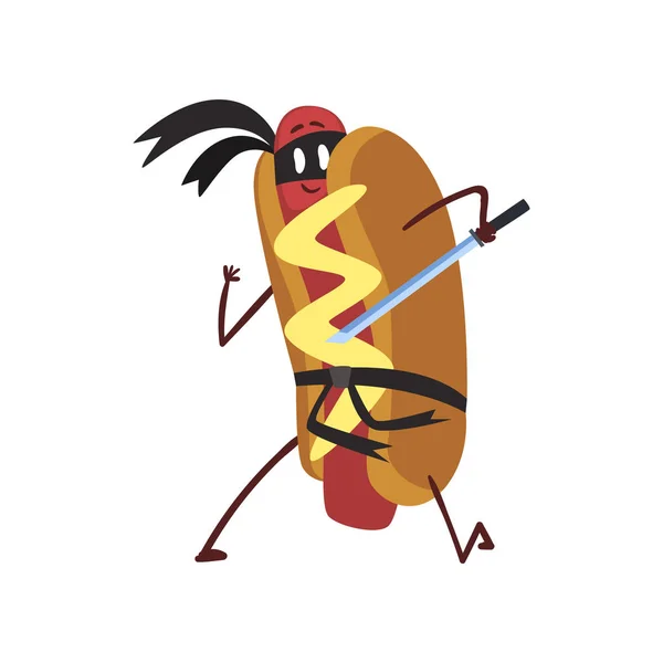 Ilustracja wektorowa śmieszne hotdog ninja z mieczem, humanizowane fast food znaków z musztardą — Wektor stockowy