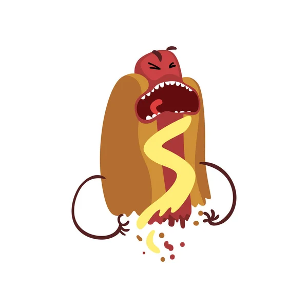 Half of hot dog screaming with horror, humanized fast food character with mustard vector Illustration — Stock Vector