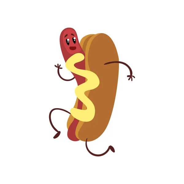 Zabawny hotdog uruchomiona, humanizowane charakter fast food z musztarda wektor ilustracja — Wektor stockowy