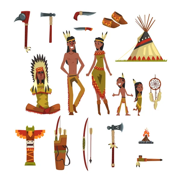 Amérindiens et vêtements traditionnels, armes et symboles culturels vectoriels Illustrations — Image vectorielle