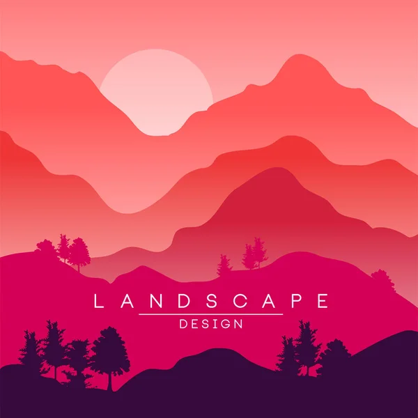 Wunderschöne friedliche Landschaft, rote und rosa Bergketten bei Sonnenuntergang, Naturhintergrund für Banner, Flyer, Plakat und Cover, Vektorillustration — Stockvektor