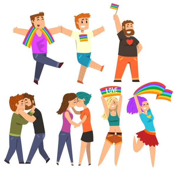 LGBT komunity oslavující gay hrdosti, láska průvod kreslené vektorové ilustrace na bílém pozadí — Stockový vektor