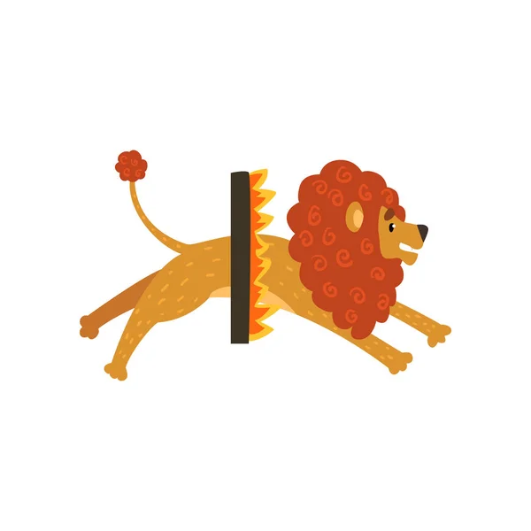 Carino circo leone personaggio dei cartoni animati che salta attraverso un anello di fuoco vettore Illustrazione su uno sfondo bianco — Vettoriale Stock